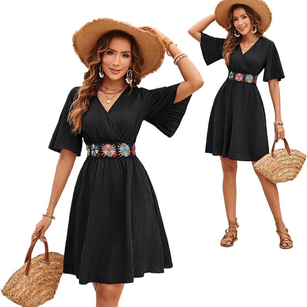 Women's Linen V-Neck Flutter Sleeve Wrap Dress Casual Beach Holiday - Picture 4 of 8